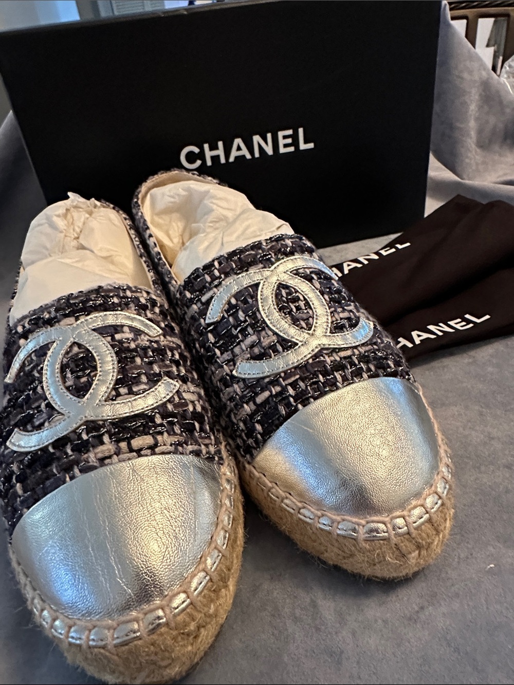 CHANEL Tweed Espadrilles with Silver Cap Toes